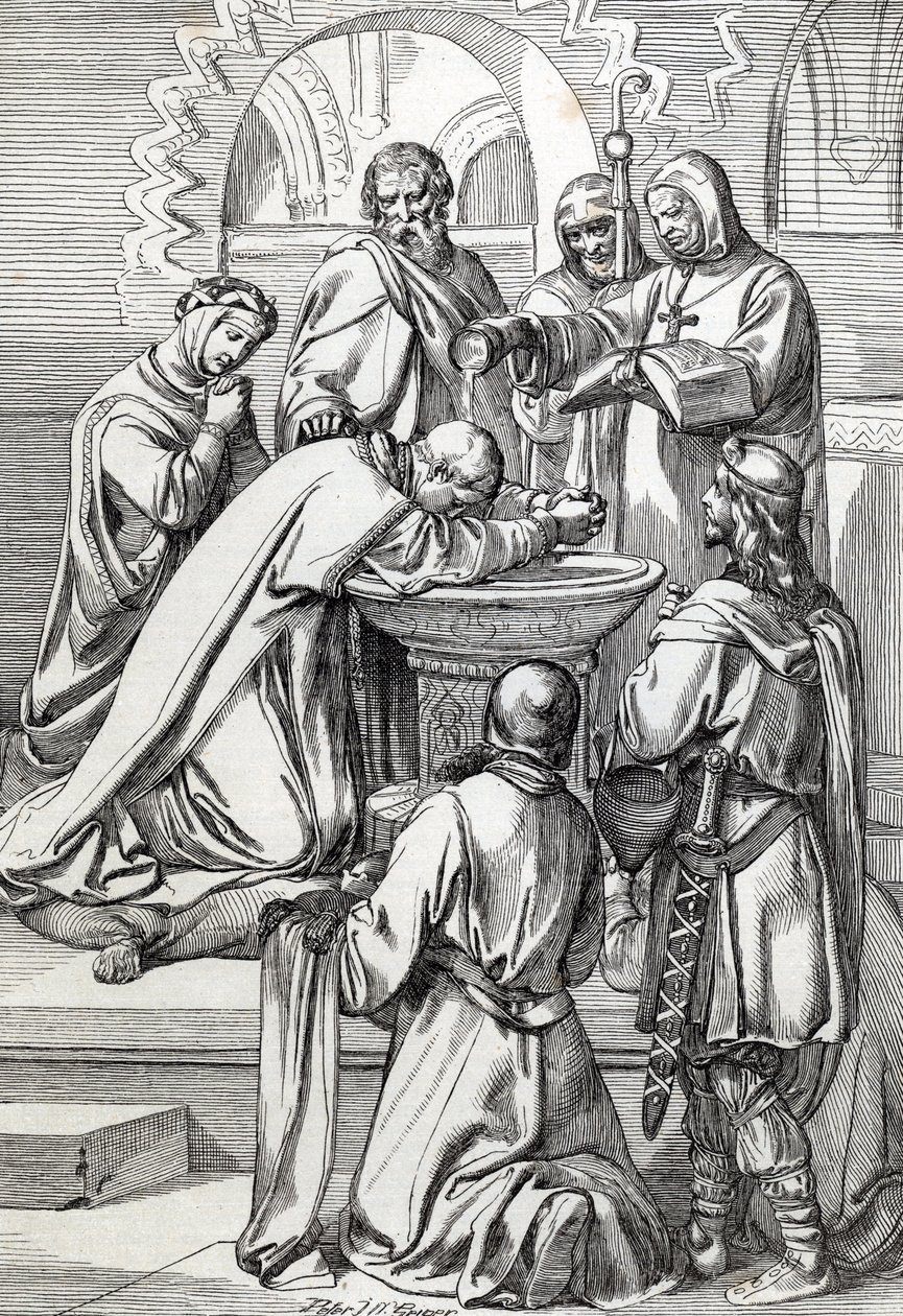 Voorstelling van Sint-Augustinus van Canterbury (overleden 604), door paus Gregorius de Grote in 596 naar Engeland gestuurd om de Angelsaksen te bekeren - Hij staat hier voor Ethelbert, Angelsaksische koning van Kent (552? -616) die hij in 597 doopte door Peter Johann Nepomuck Geiger