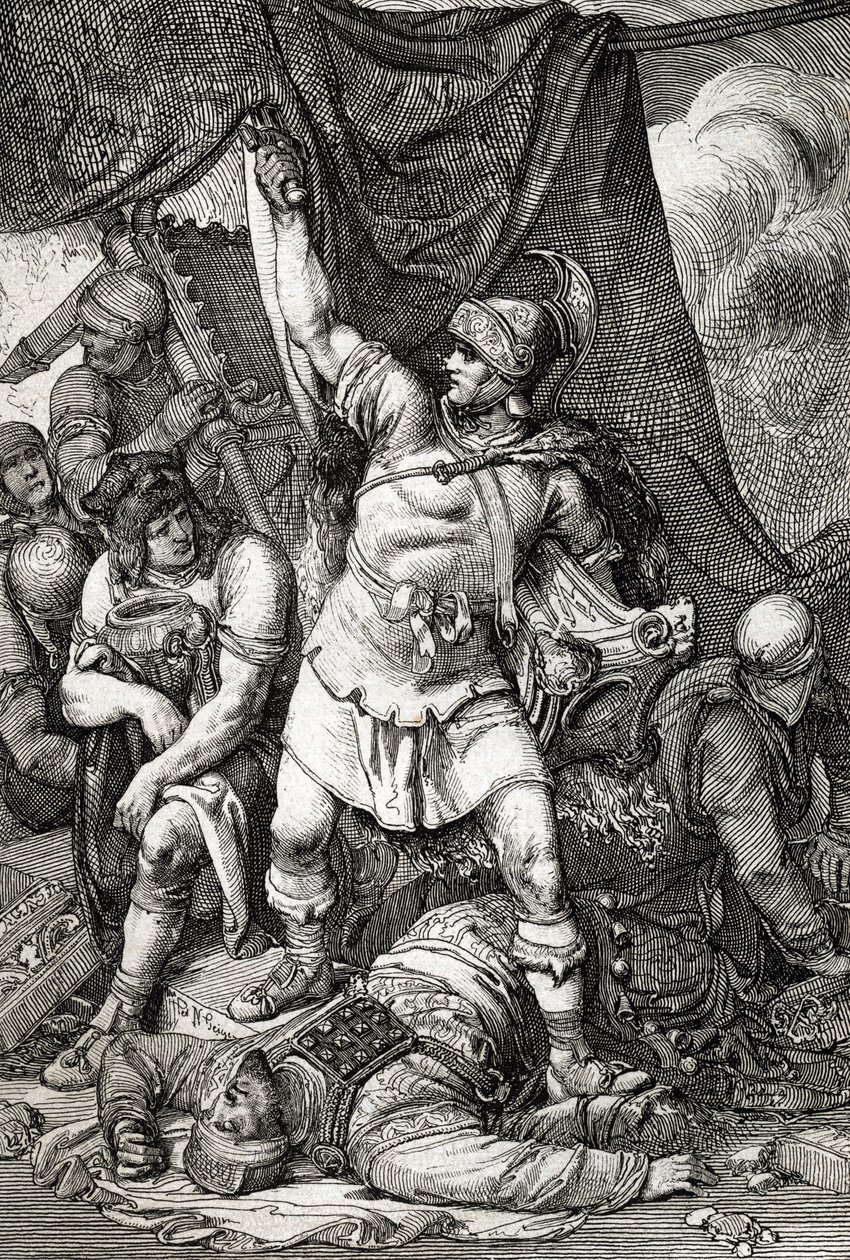 Romeinse Oudheid: “De verovering van Jeruzalem” afbeelding van het beleg van Jeruzalem door de Romeinen in 70 na Christus, de stad wordt geplunderd door de troepen van keizer Titus en de tweede tempel van Jeruzalem vernietigd door Peter Johann Nepomuck Geiger