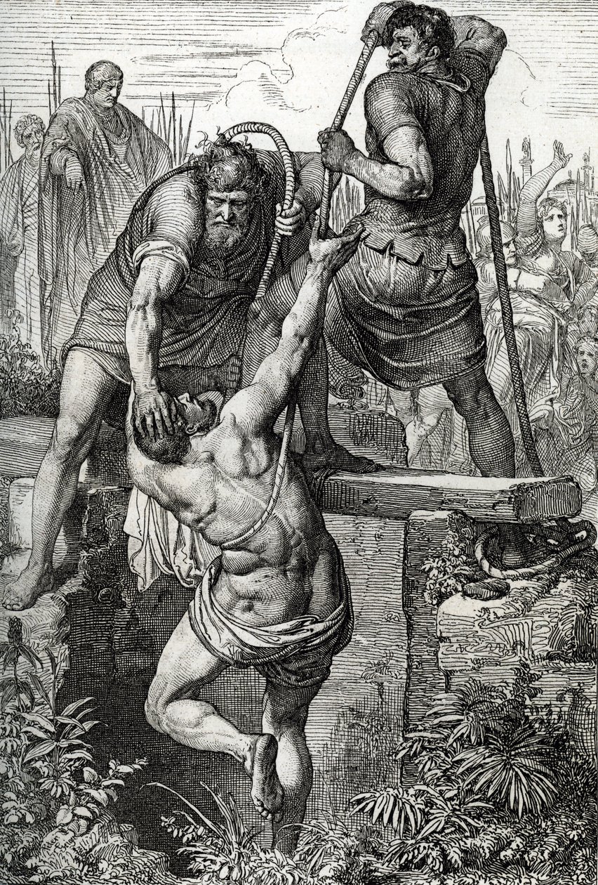 De Byzantijnse keizer Zenon (425-491) keerde terug naar Constantinopel en liet de usurpator Flavius Basiliscus (Basilisk) opsluiten met zijn familie, 477 (dood van Basiliscus opgesloten in een droge cisterne, om te sterven door blootstelling, door Romeinse door Peter Johann Nepomuck Geiger