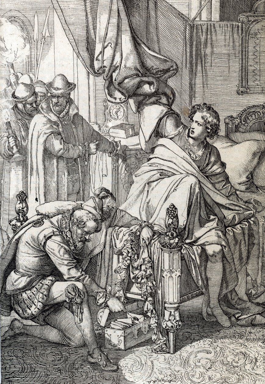 De arrestatie van Karel van Oostenrijk (1545-1568) (Don Carlos) zoon van Filips II van Spanje in 1568 door de mannen van zijn vader door Peter Johann Nepomuck Geiger