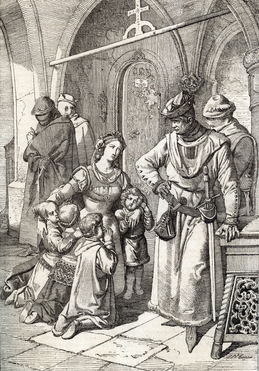 De moord op de edelvrouw Ines de Castro (1320-1355), tweede vrouw van Peter I (Pedro I) van Portugal in het klooster Santa Clara de Coimbra, Portugal 1355 door Peter Johann Nepomuck Geiger