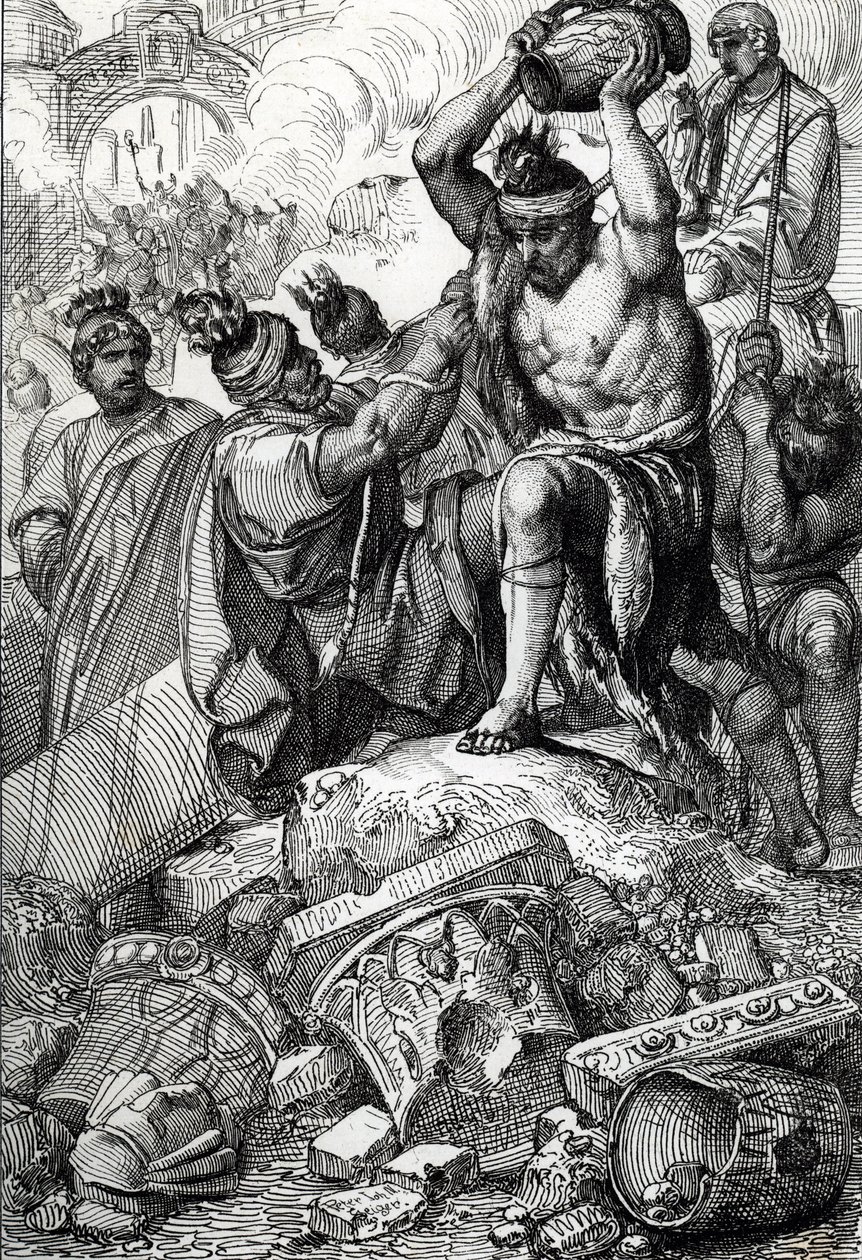 De plundering van Rome (Italië) in 410, genomen uit de stad en geplunderd door de Visigoten onder leiding van Alarik (370-410) door Peter Johann Nepomuck Geiger