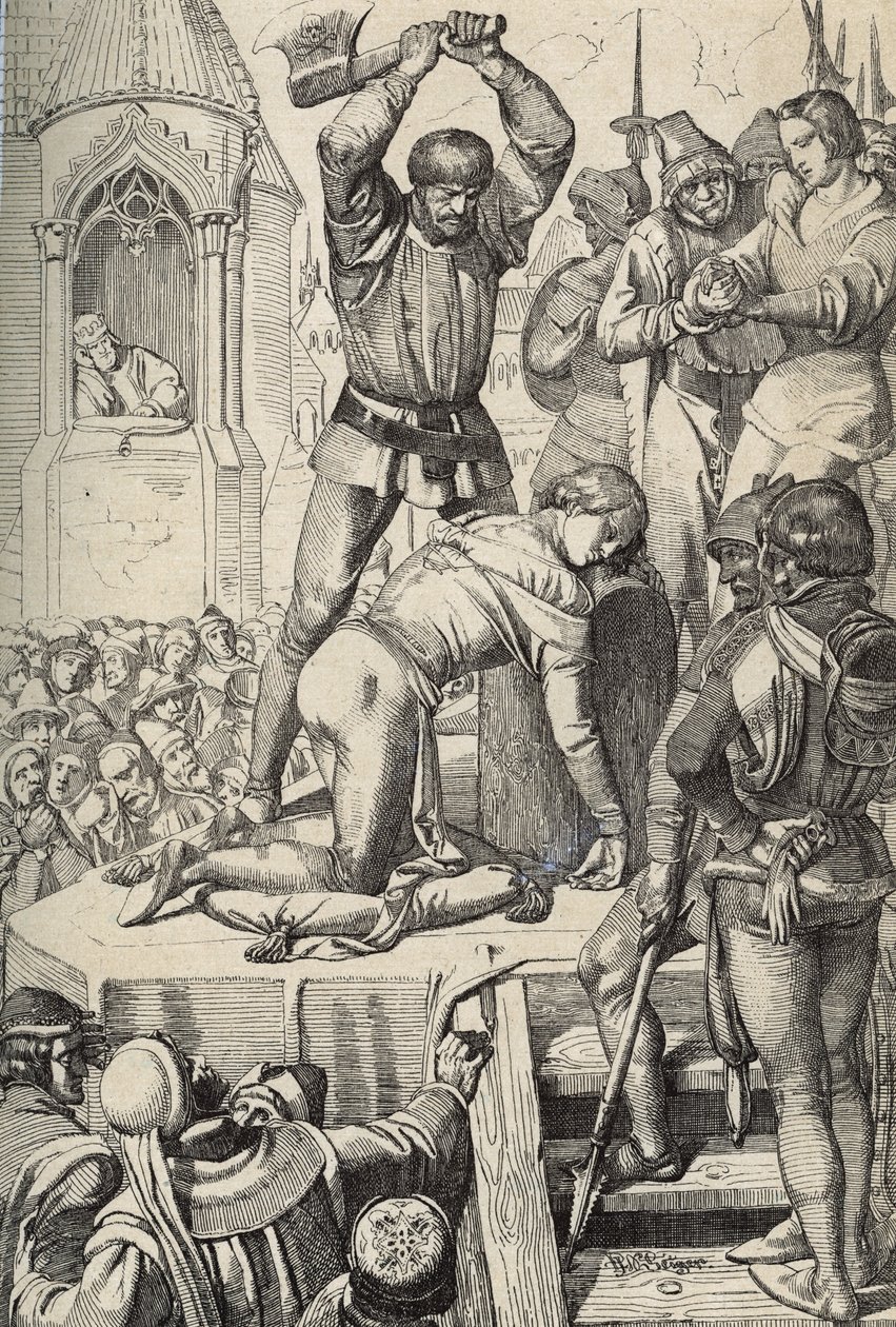 De executie van Conradin (of Conrad van Hohenstaufen) koning van Sicilië en hertog van Zwaben (1252-1268) op bevel van Karel van Anjou na de slag bij Tagliacozzo in 1268 door Peter Johann Nepomuck Geiger