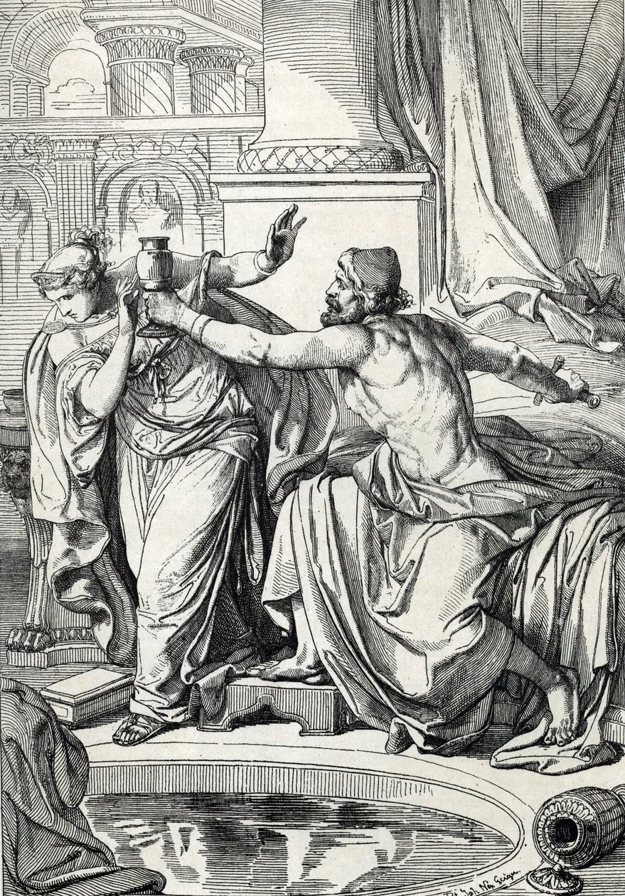 De gepidische prinses Rosemonde (overleden 572) en haar minnaar, moordenaar van haar echtgenoot koning Alboin, vergiftigden zichzelf met dezelfde beker gif, 572 door Peter Johann Nepomuck Geiger