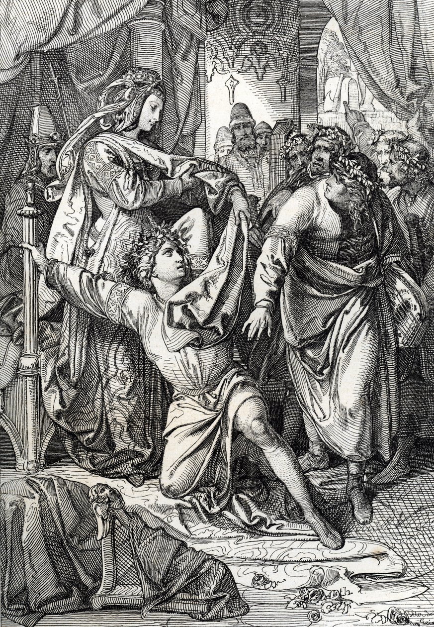 De poëtische wedstrijd van het kasteel van Wartburg in Duitsland in 1207: de Minnesangers strijden in poëtische spelen, de troubadour Henri d