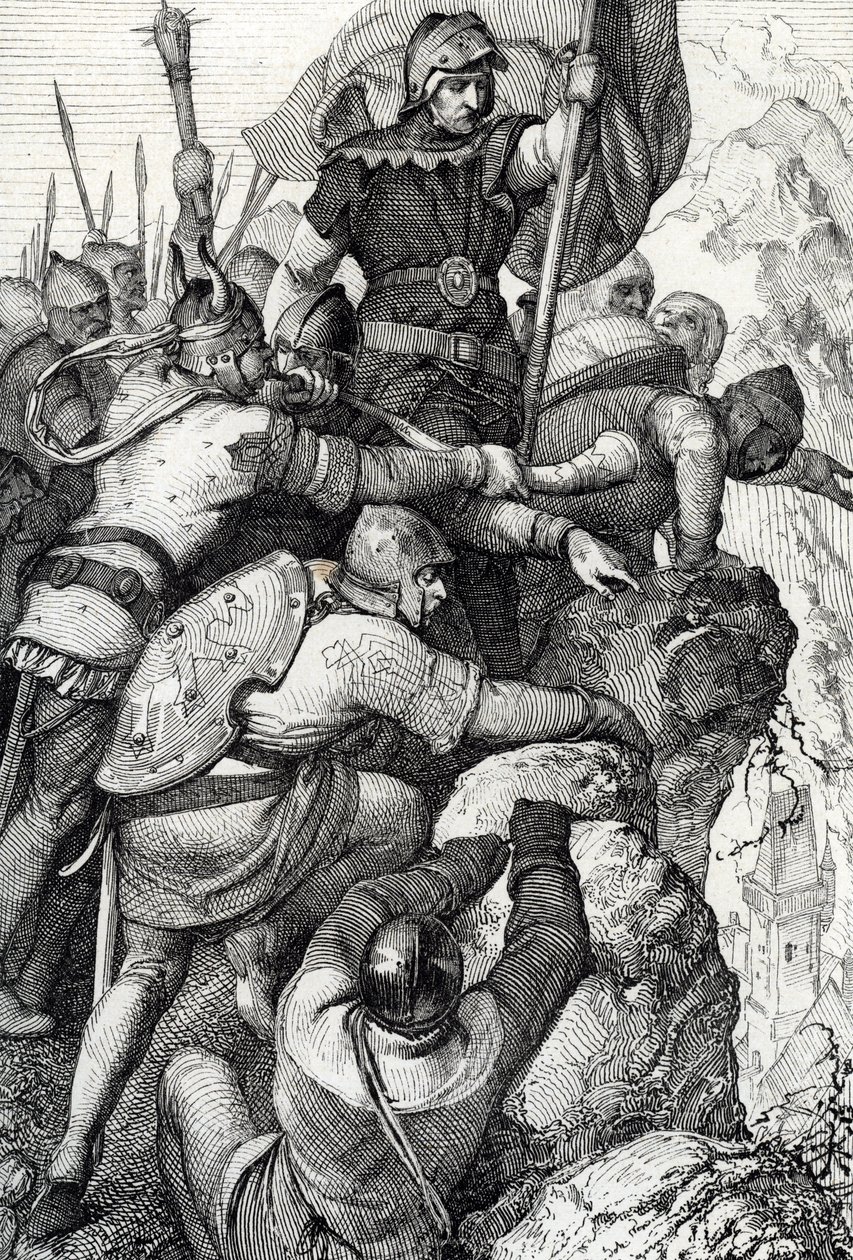 De troepen van Othon I van Beieren (1117-1183) nabij Verona in Italië 1155 (tekening met veer) door Peter Johann Nepomuck Geiger