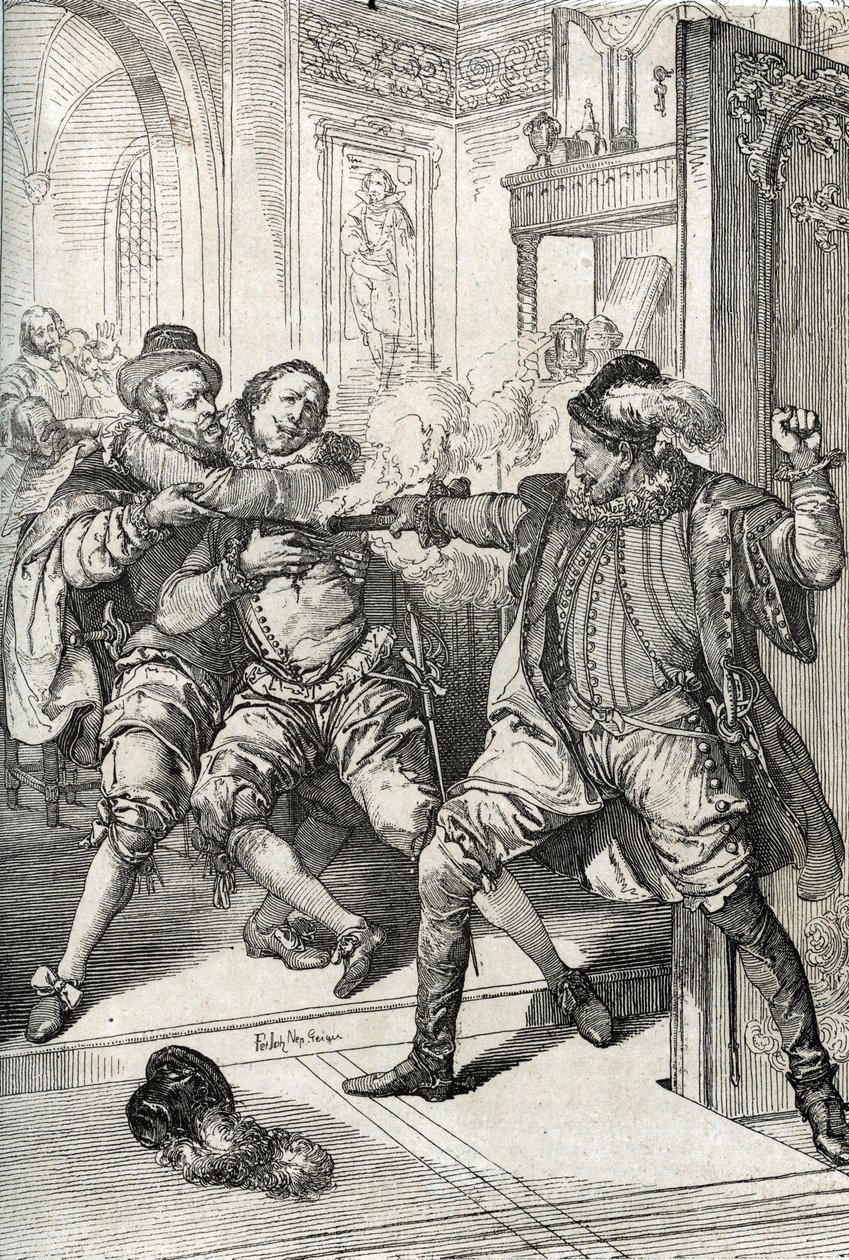 Moord op Willem van Oranje (1533-1584) op 10/07/1584 door Balthazar Gerard tijdens de Tachtigjarige Oorlog door Peter Johann Nepomuck Geiger