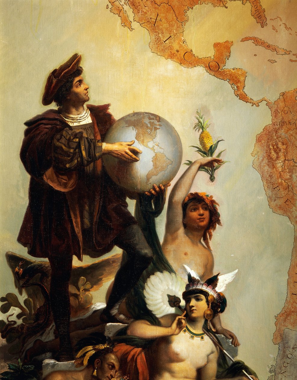 Christoffel Columbus (1451-1506), detail van Allegorie op Karel V van Habsburg (1500-1558) als Heerser van de wereld, schilderij door Peter Johann Nepomuk Geiger (1805-1880), Troonzaal, Kasteel Miramare, Triëst, Friuli-Venezia Giulia, Italië door Peter Johann Nepomuk Geiger