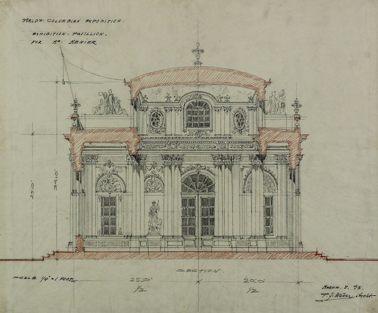 Chocolade-Menier Paviljoen, Wereldtentoonstelling Colombia, Chicago, Illinois, Sectieschets door Peter Joseph Weber