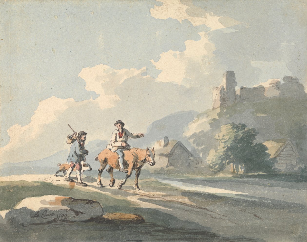 Compositie: twee reizigers en een hond op een weg langs huisjes, met ruïnes op een heuvel door Peter La Cave