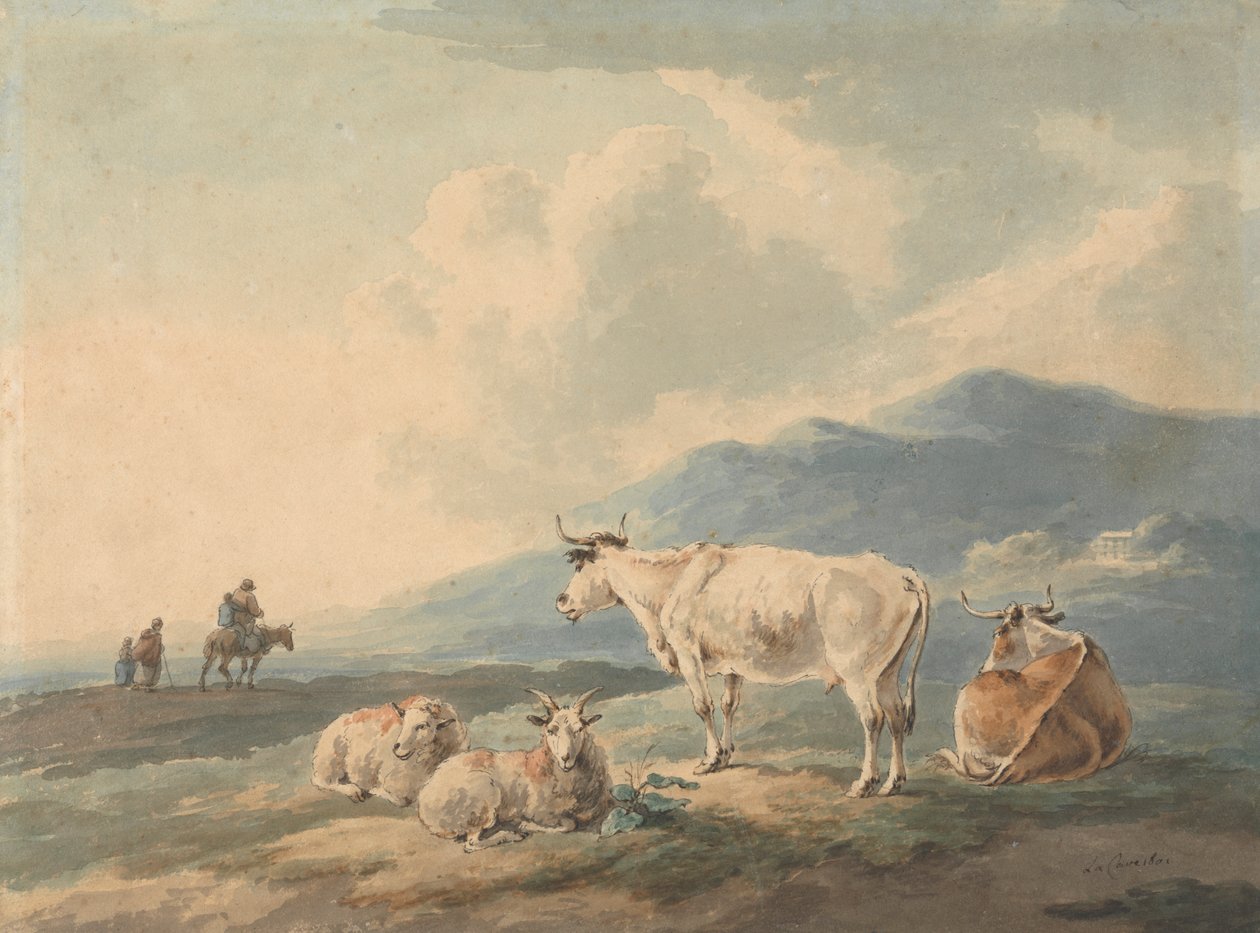 Berglandschap: met koeien en geiten op de voorgrond en figuren links door Peter La Cave