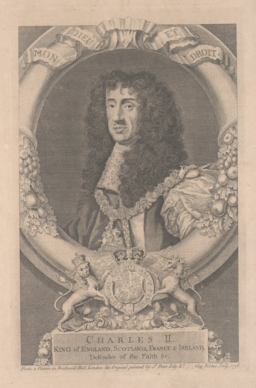 Karel II, koning van Engeland, Schotland, Frankrijk en Ierland, gegraveerd door George Vertue door Peter Lely