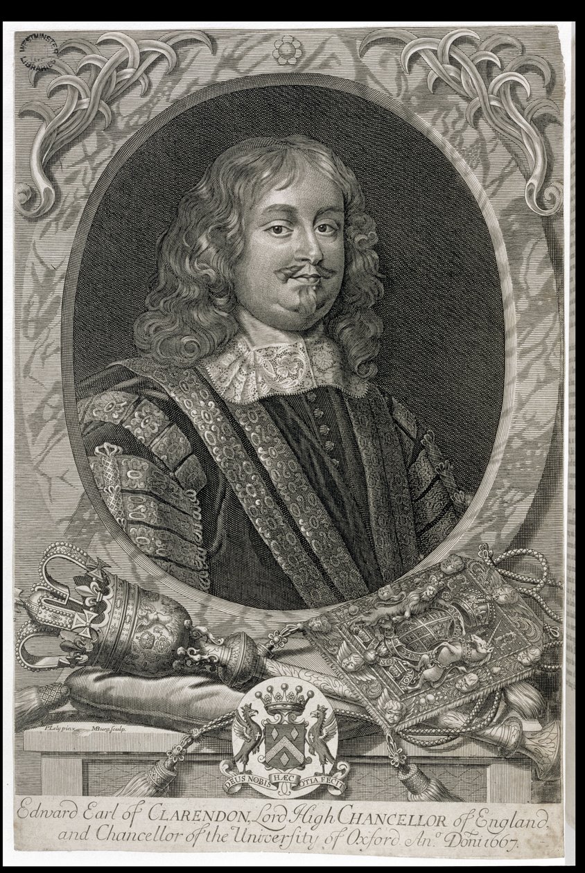 Edward Hyde, 1e graaf van Clarendon (1609-74), gegraveerd door M. Burg door Peter Lely