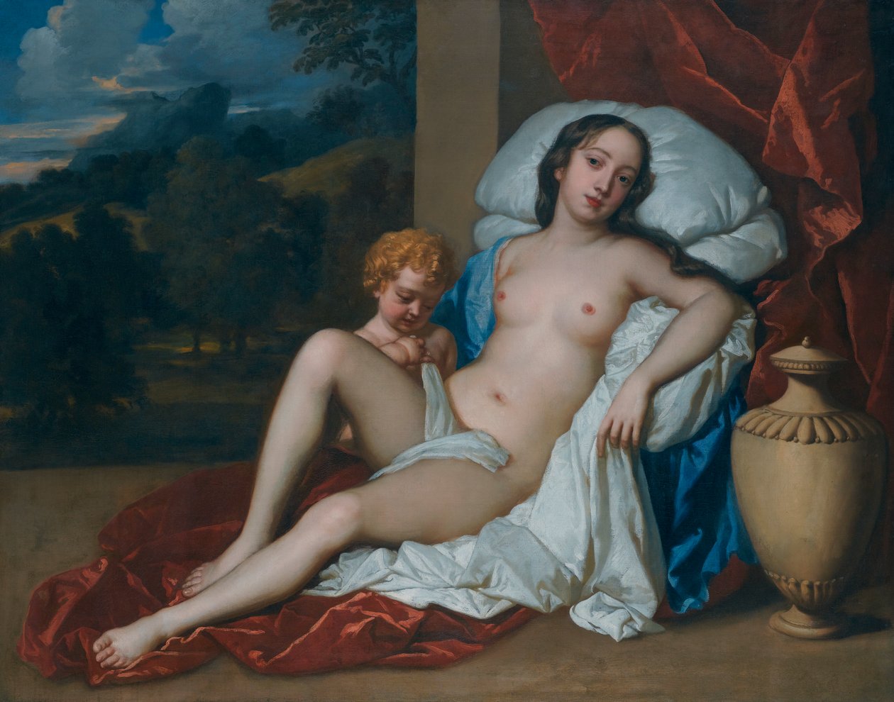 Portret van een jonge vrouw (Barbara Villiers of Nell Gwyn) en kind, als Venus en Cupido door Peter Lely