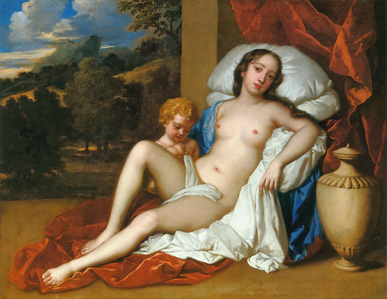 Portret van een jonge vrouw (Barbara Villiers of Nell Gwyn) en kind, als Venus en Cupido door Peter Lely