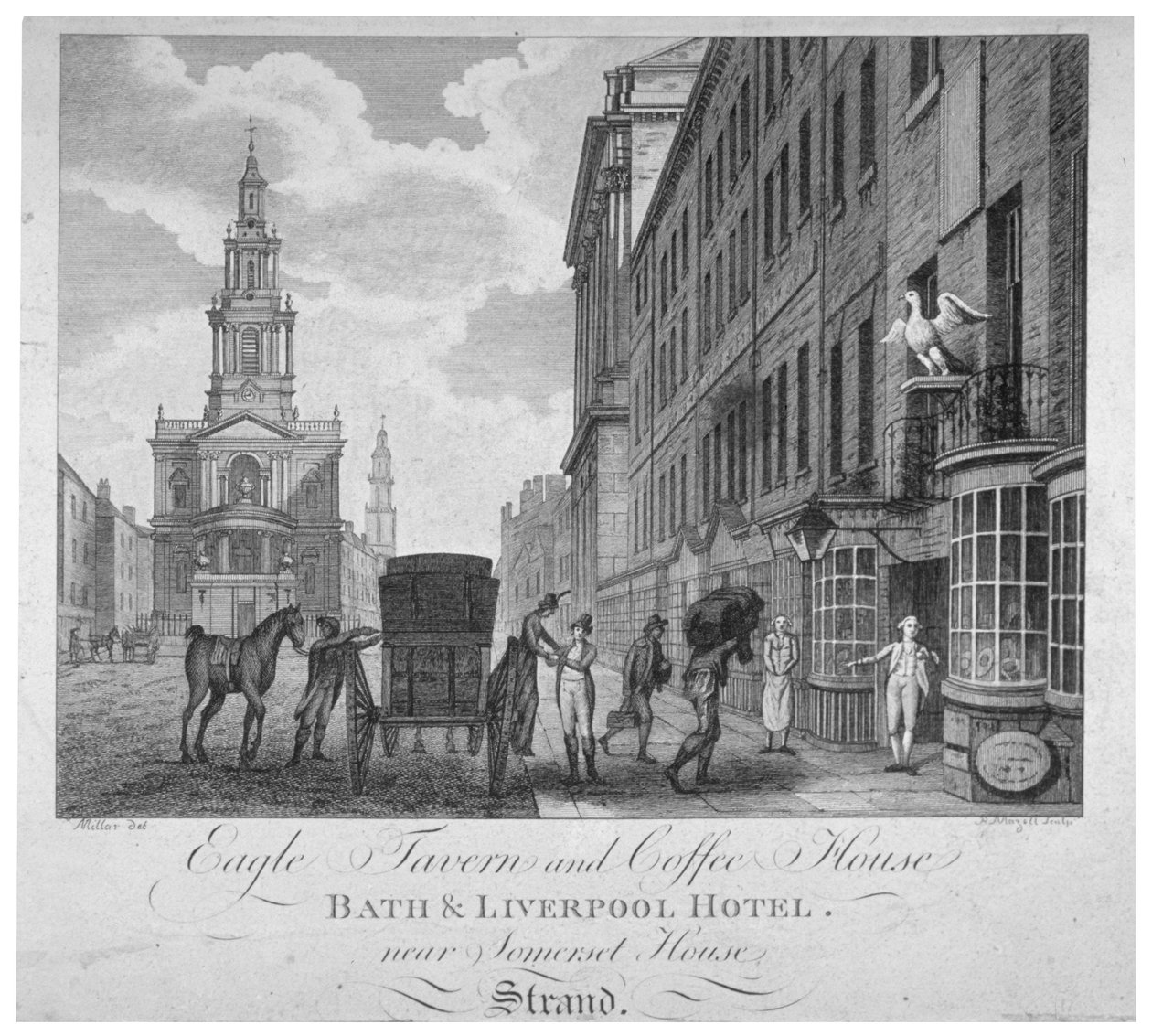 Buiten de Eagle Tavern en Coffee House, Bath & Liverpool Hotel, Londen, ca. 1800 door Peter Mazell