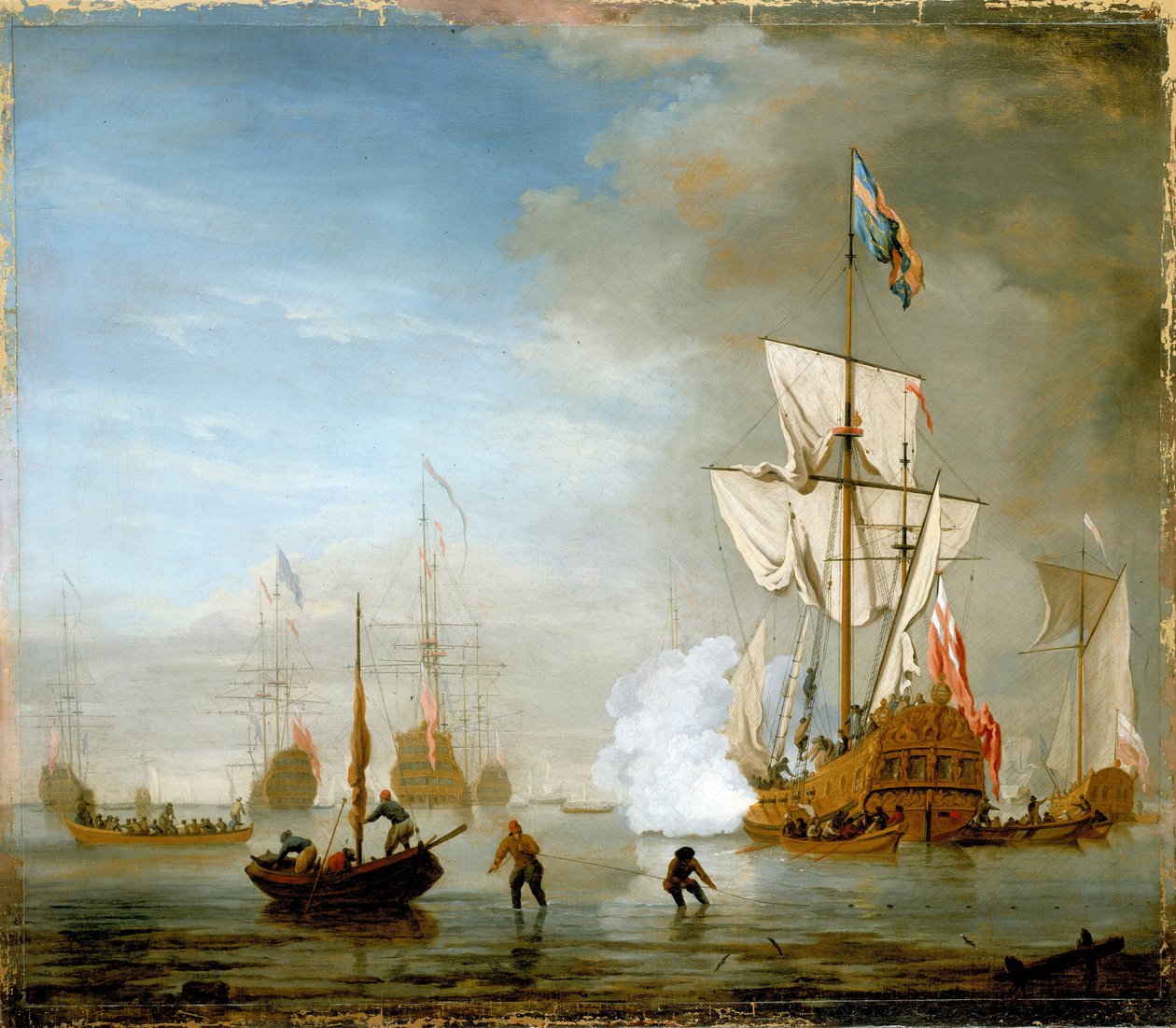Het zeilschip heeft twee masten en een platform, geïdentificeerd als de 