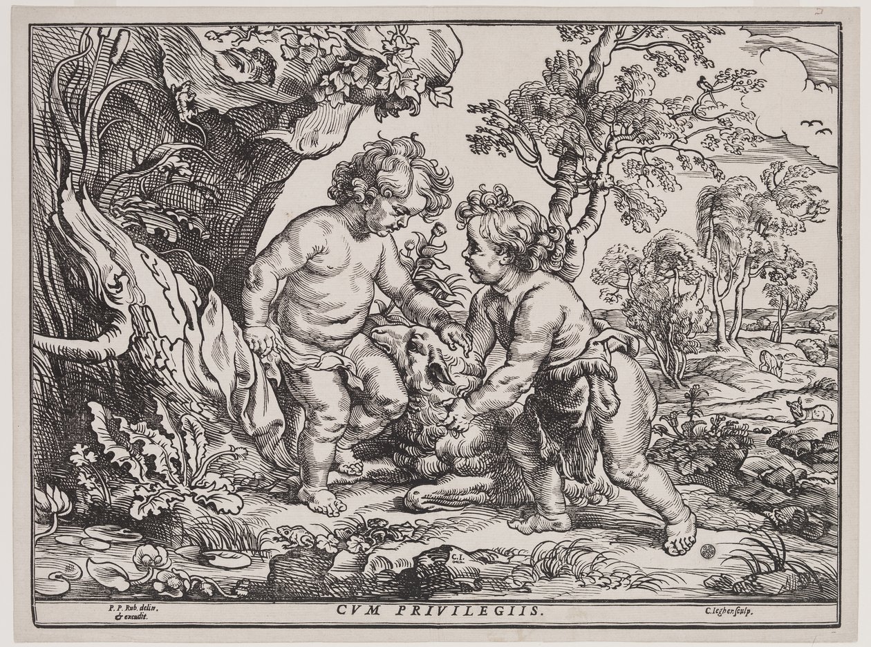 Kind Christus en Sint Jan spelen met een lam, gravure door Christoffel Jegher (1596-1653), na 1632 door Peter Paul (after) Rubens