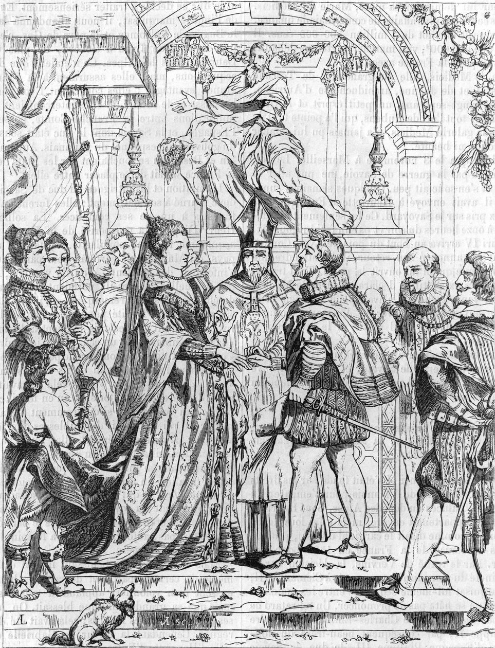 Huwelijk bij volmacht van Marie de Medici (1576-1642) met Hendrik IV in Florence, 5 oktober 1600. Gravure door Pierre Paul Rubens (1577-1640). door Peter Paul (after) Rubens