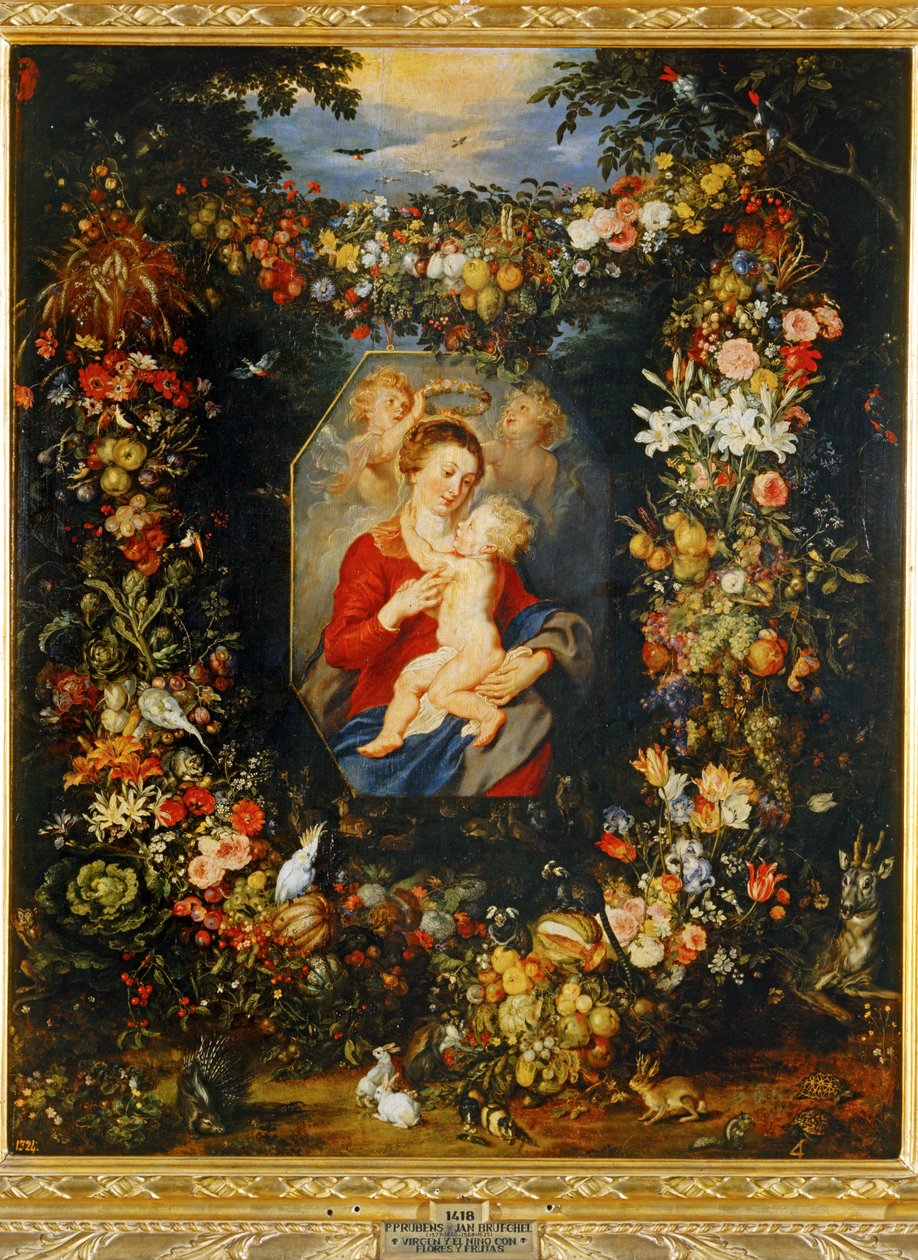 Maria Maagd en Kind met bloemen- en vruchtenkrans ... door Peter Paul & Brueghel Jan (1601-78) Rubens