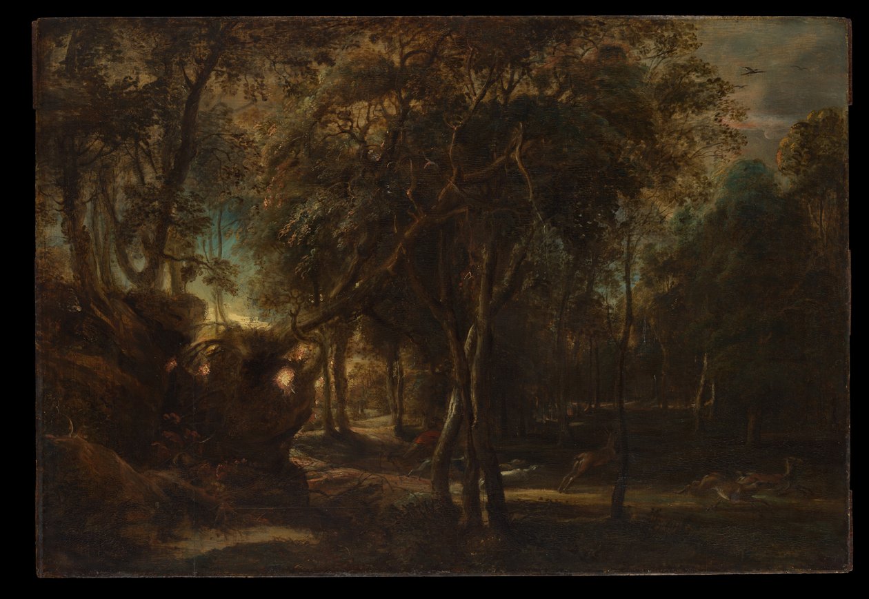 Een bos bij zonsopgang met een hertenjacht door Peter Paul Rubens