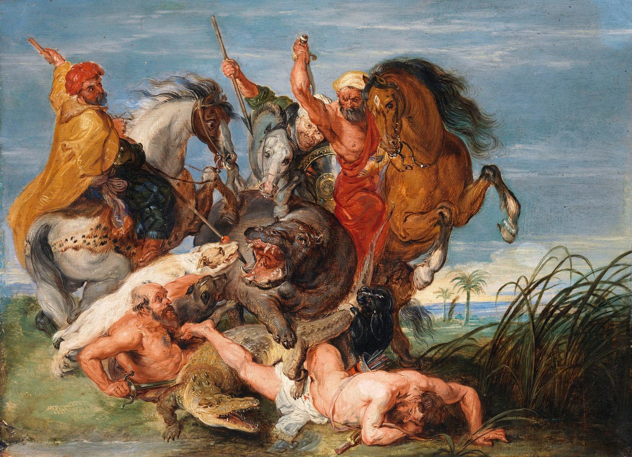 Een jacht op een nijlpaard en krokodil door Peter Paul Rubens