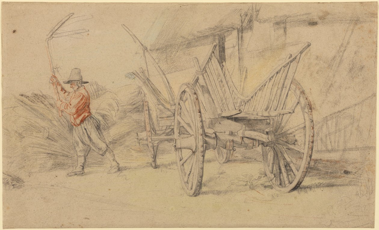 Een man dorst naast een wagen, boerderijgebouwen erachter door Peter Paul Rubens