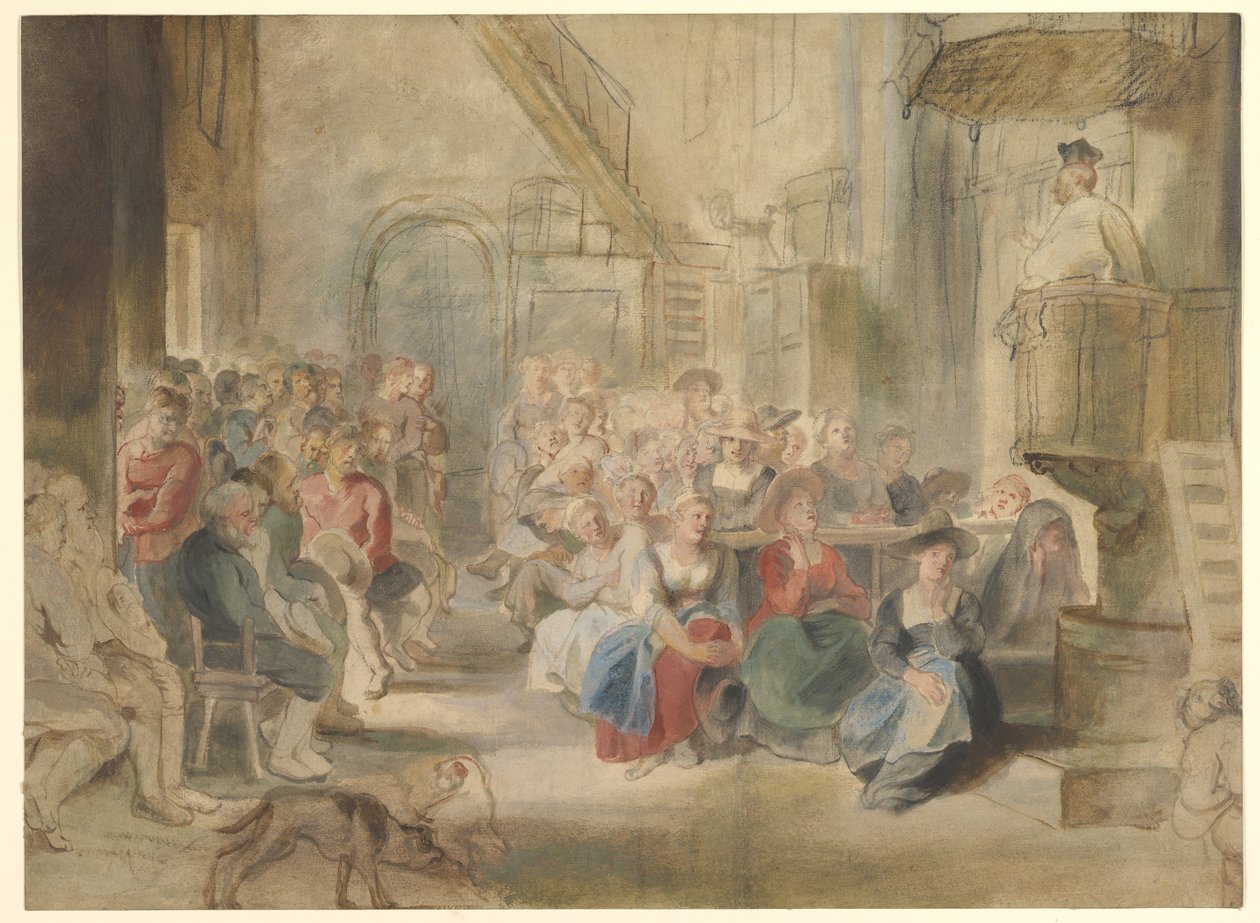 Een preek in een dorpskerk door Peter Paul Rubens