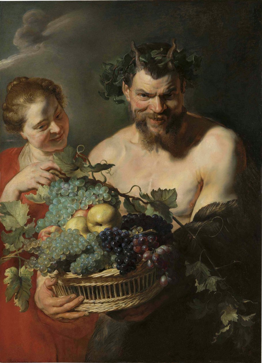 Een sater met een mand druiven en kweeperen en een nimf, door Peter Paul Rubens door Peter Paul Rubens