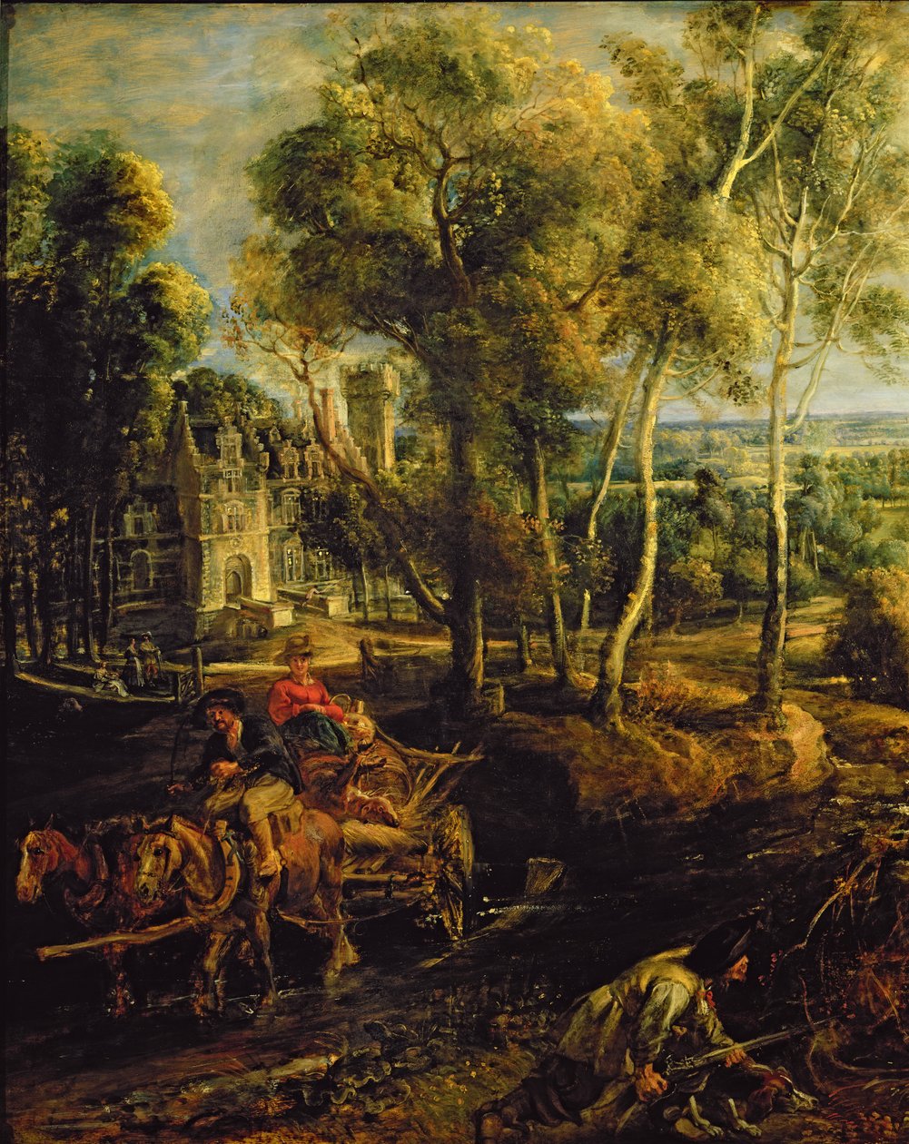 Een Herfstlandschap met een uitzicht op Het Steen in de Vroege Ochtend, ca. 1636 (detail) door Peter Paul Rubens