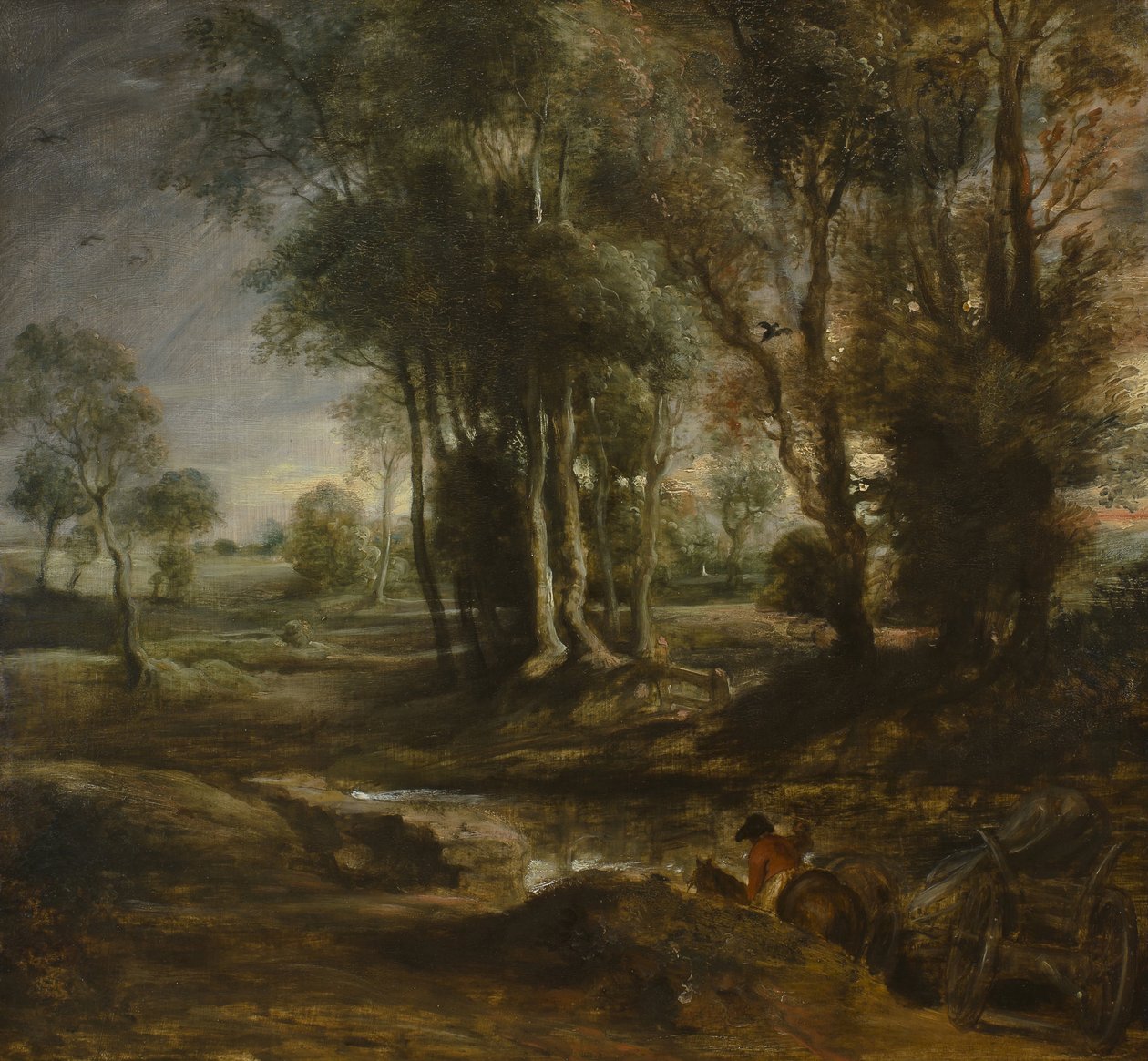 Avondlandschap met houtwagen, 1630-1640 door Peter Paul Rubens