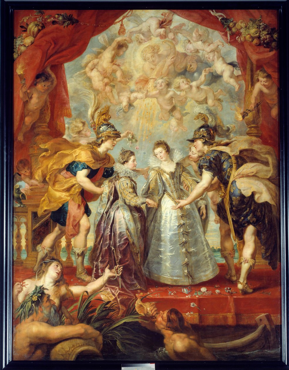 Uitwisseling van de twee prinsessen van Frankrijk en Spanje op de Bidassoa-rivier in Hendaye, 9/11/1615 Allegorische voorstelling van het huwelijk tussen Anna van Oostenrijk en Lodewijk XIII enerzijds, tussen Isabella van Frankrijk (1602-1644) en Filips IV door Peter Paul Rubens
