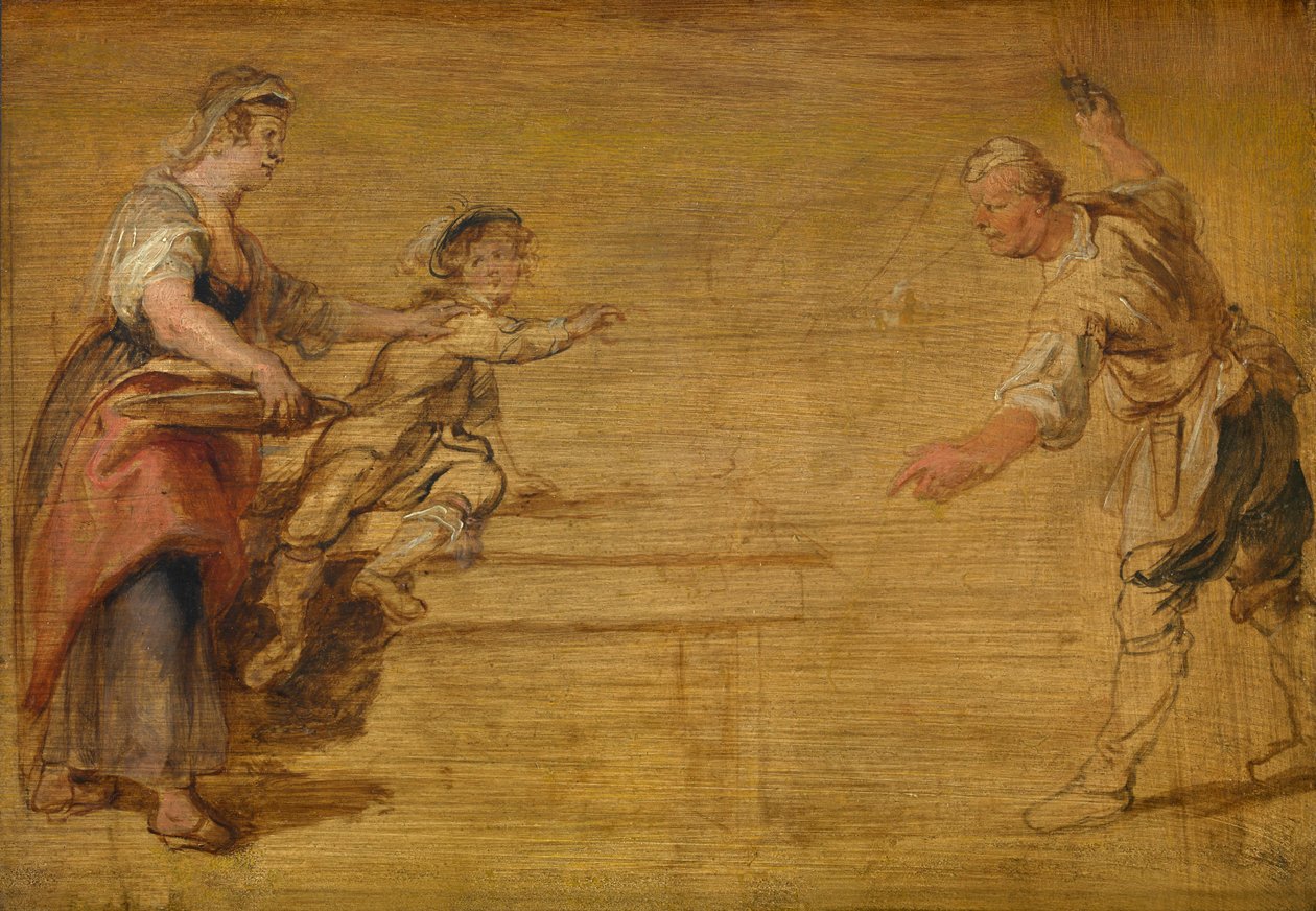 Keukenmeid, slager en jongen rond een tafel door Peter Paul Rubens