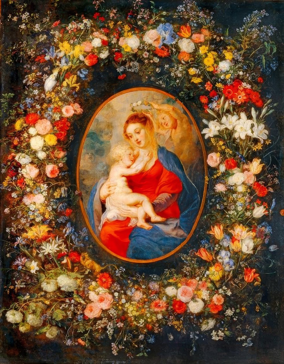 De Maagd, het kind Jezus en engelen te midden van een bloemenkrans door Peter Paul Rubens
