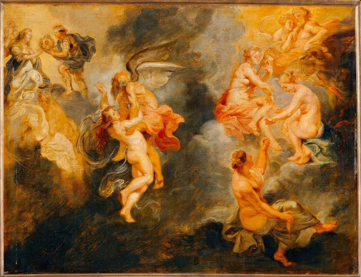 De drie schikgodinnen spinnen het lot van Marie Medicis door Peter Paul Rubens