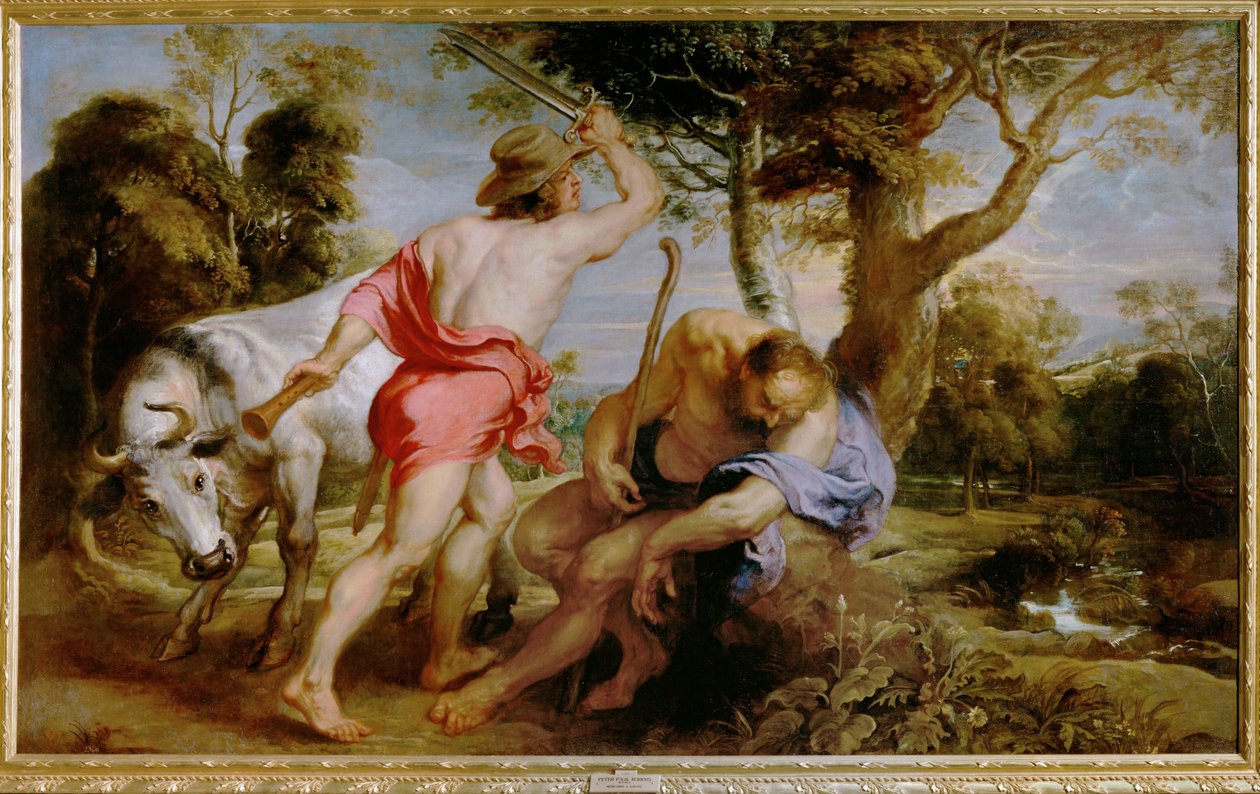 Mercurius en Argos (schilderij op doek) door Peter Paul Rubens