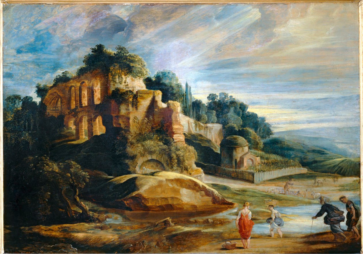 Landschap met de ruïnes van de Palatijnberg in Rome (schilderij op hout) door Peter Paul Rubens