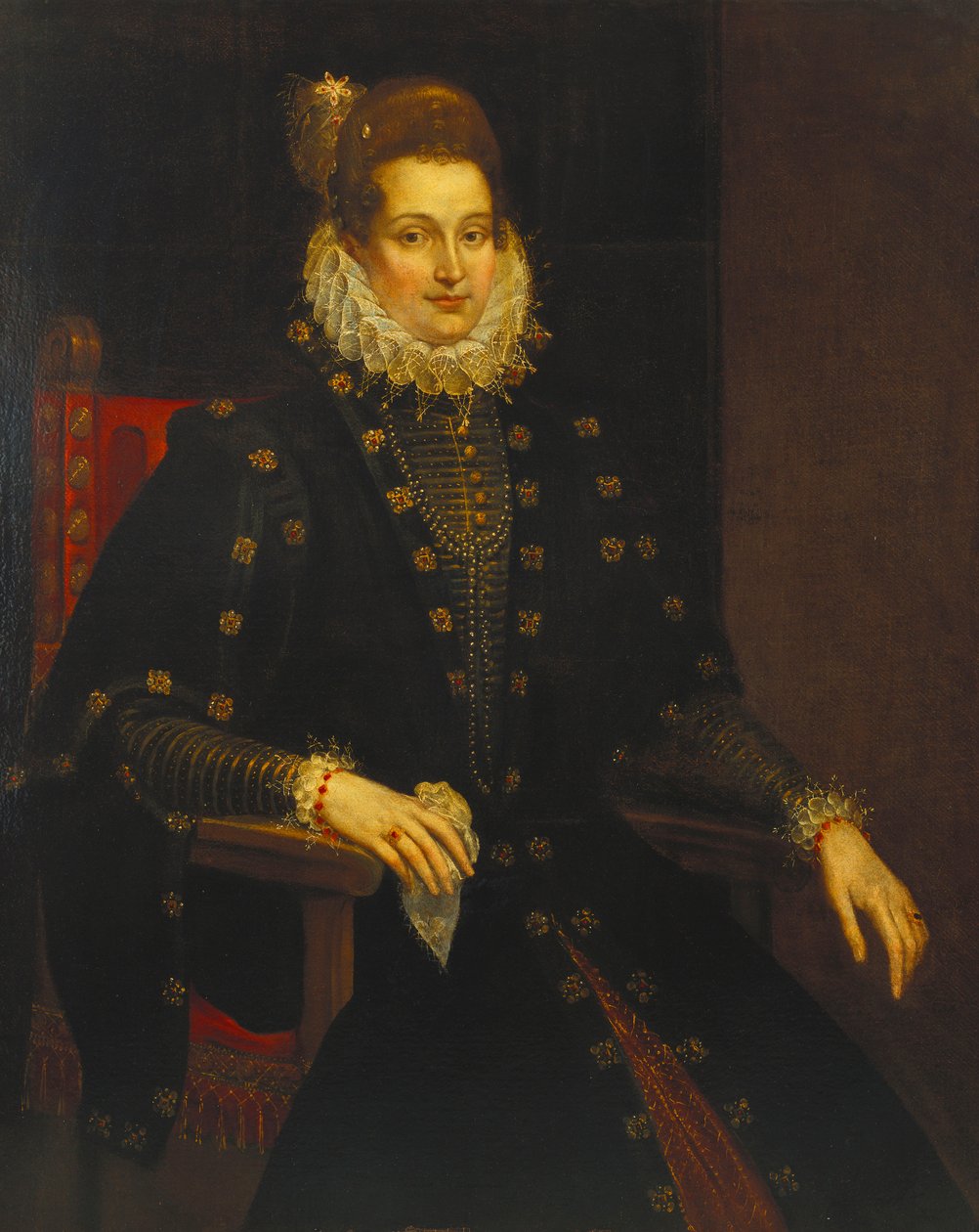 Portret van een dame zittend driekwart lengte in een zwarte jurk met een kraag door Peter Paul Rubens