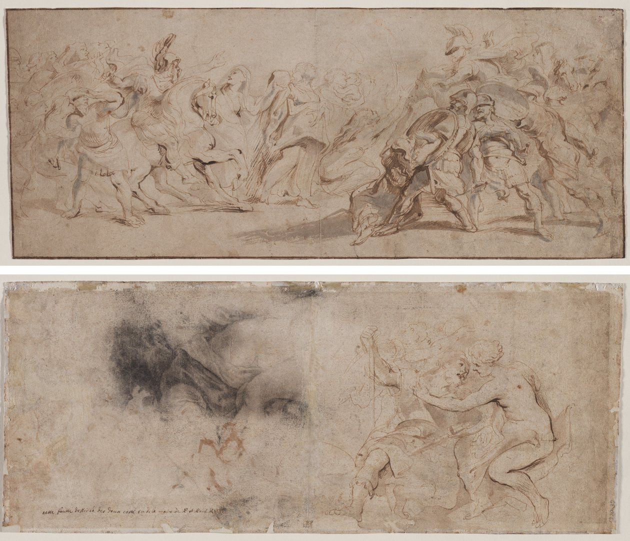 Verzoening van de Romeinen en de Sabijnen (recto) Venus Ontwapent Mars, Draperiestudie (verso) door Peter Paul Rubens