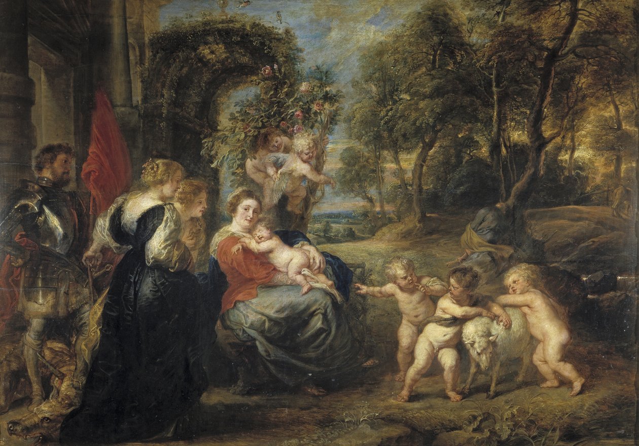 Rust tijdens de vlucht naar Egypte, met heiligen door Peter Paul Rubens