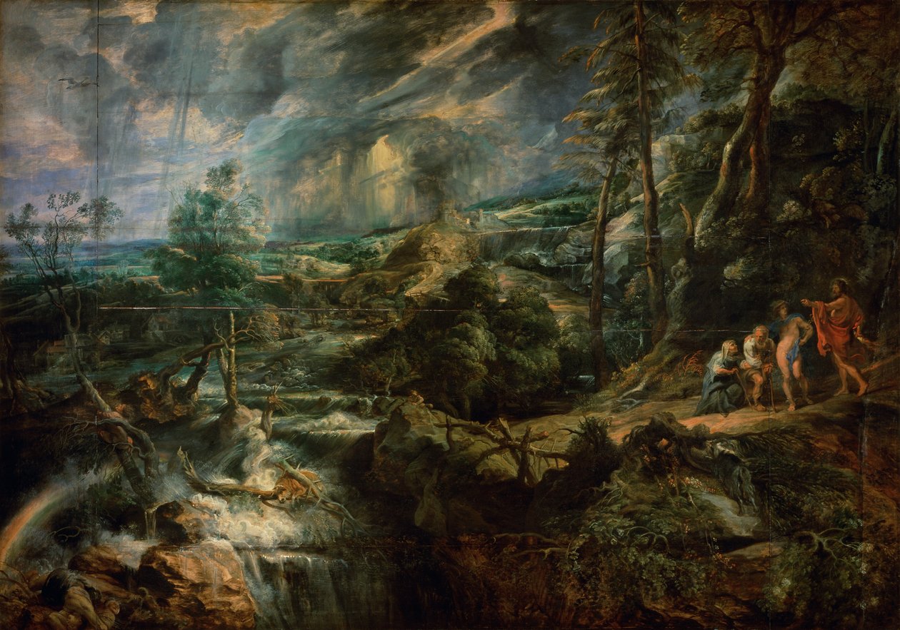 Stormachtig landschap met Philemon en Baucis door Peter Paul Rubens