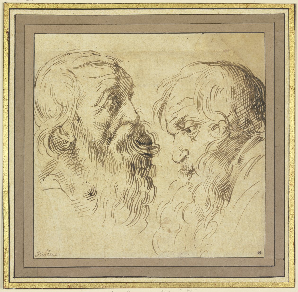 Studieblad: twee bebaarde hoofden in profiel, naar rechts en naar links door Peter Paul Rubens