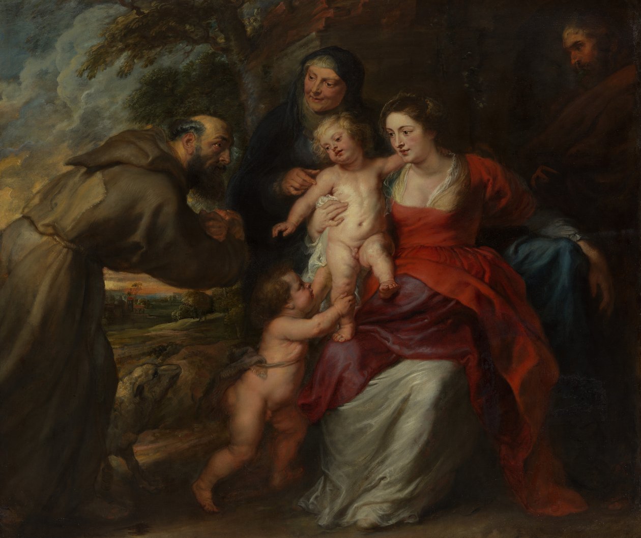 De Heilige Familie met Heiligen Franciscus en Anna en de Heilige Johannes de Doper als Kind, 1630s door Peter Paul Rubens