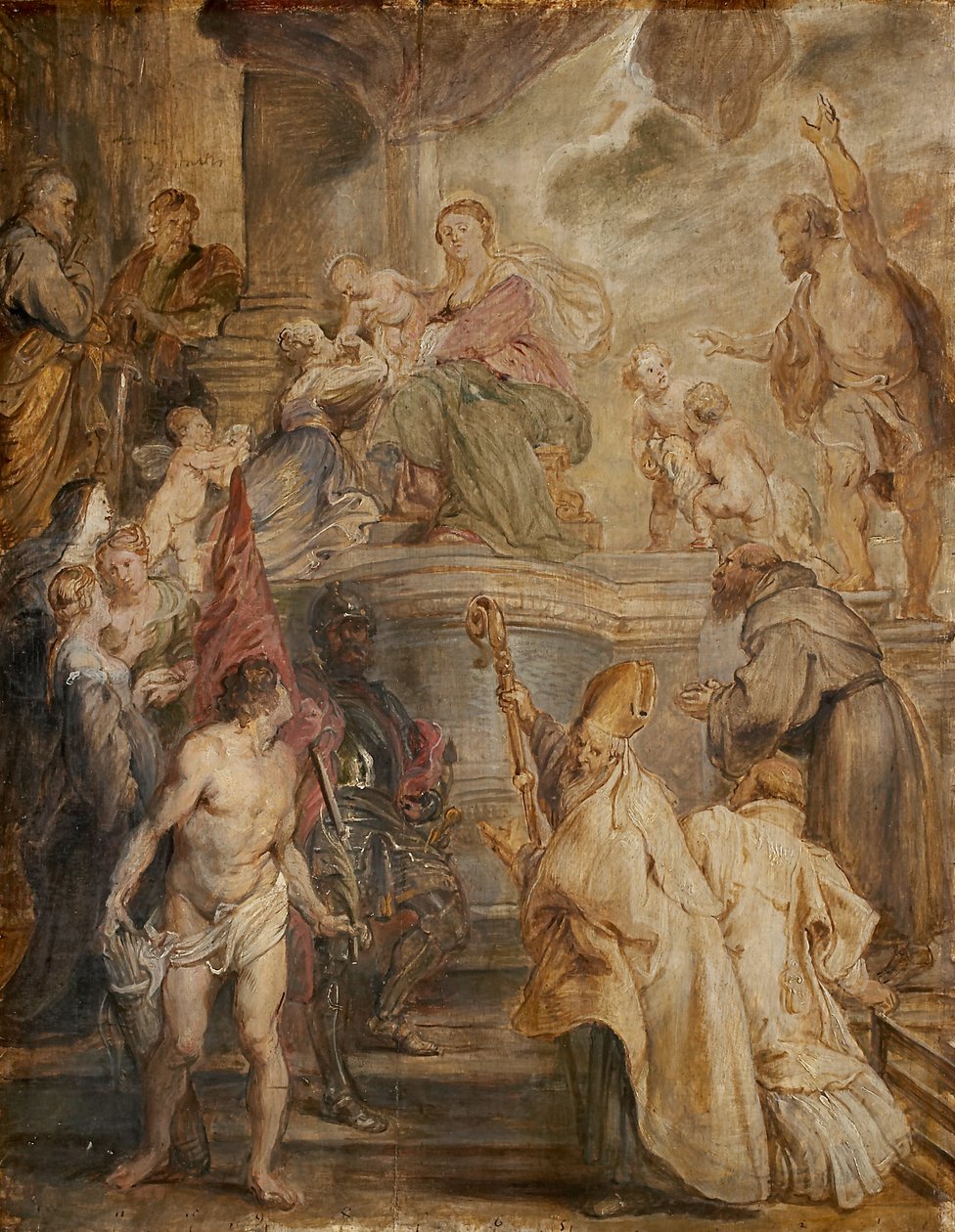 Het mystieke huwelijk van de heilige Catharina (kleurenschets voor het altaar van de kerk van de augustijner paters in Antwerpen), verso: twee cavalerieslagen door Peter Paul Rubens
