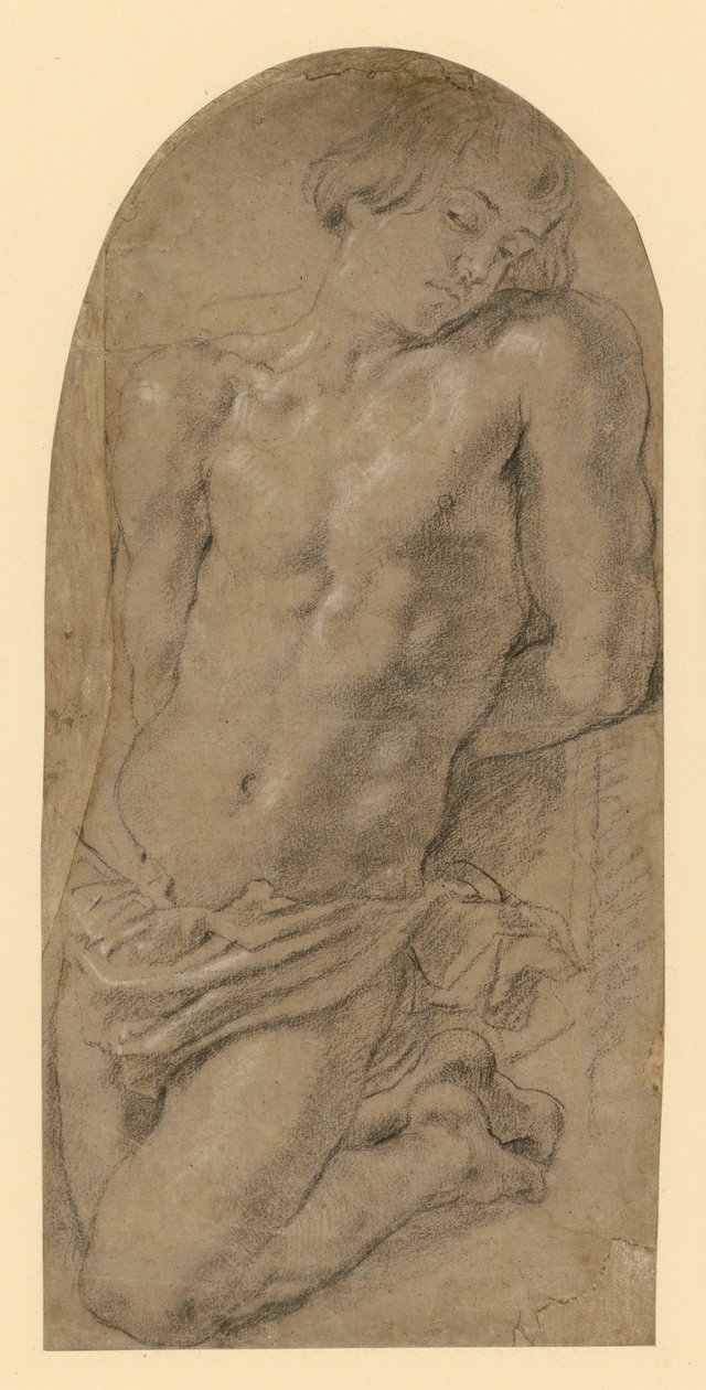 Jonge man knielt naar links met zijn handen op zijn rug gebonden. (Voorstudie voor Isaac in het schilderij "Abrahams offer") door Peter Paul Rubens