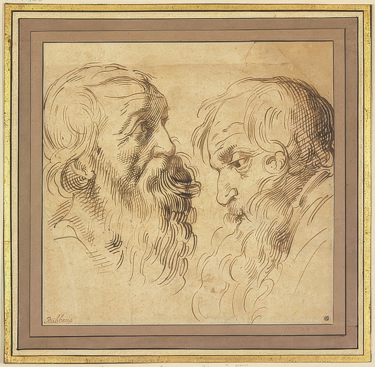 Twee bebaarde hoofden in profiel naar rechts en links door Peter Paul Rubens