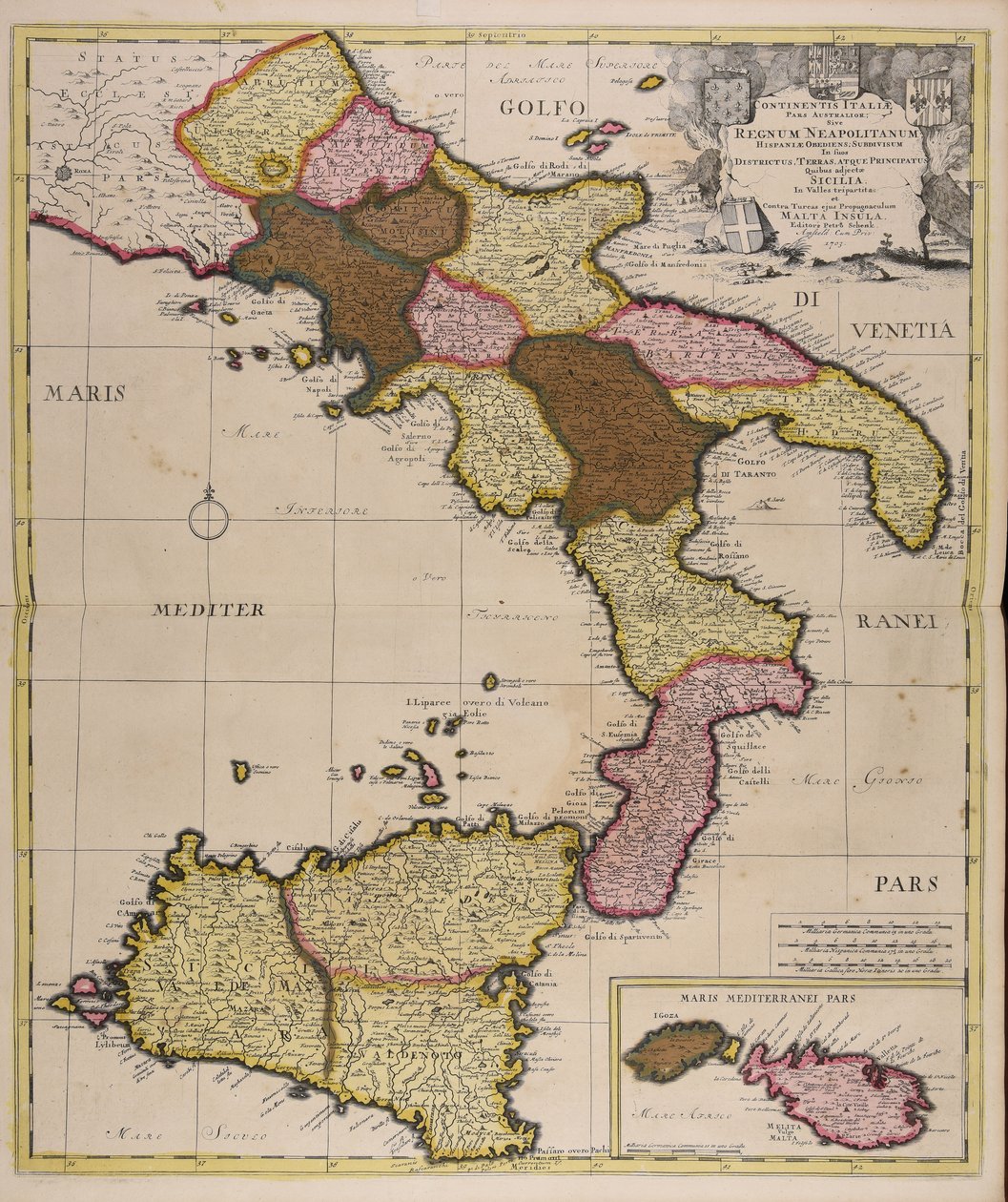 Continentis Italiae pars australior sive regnum Neapolitanum Hispaniae obediens subdivisum in suos districtus terras atque principatus quibus adjectae Sicilia in valles tripartita et contra Turcas ejus propugnaculum Malta insula door Peter Schenk the Elder