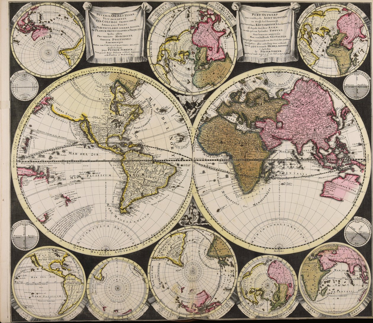 Diversa orbis Terrae visu incedente per coluros Tropicorum ambos ejus polos et particularis sphaerae zenith in planum orthographica projectio quibus additae pro variato horizonte omnium positiones eorumdemque mutua cum circulis caelestibus relatio  Plat O door Peter Schenk the Elder