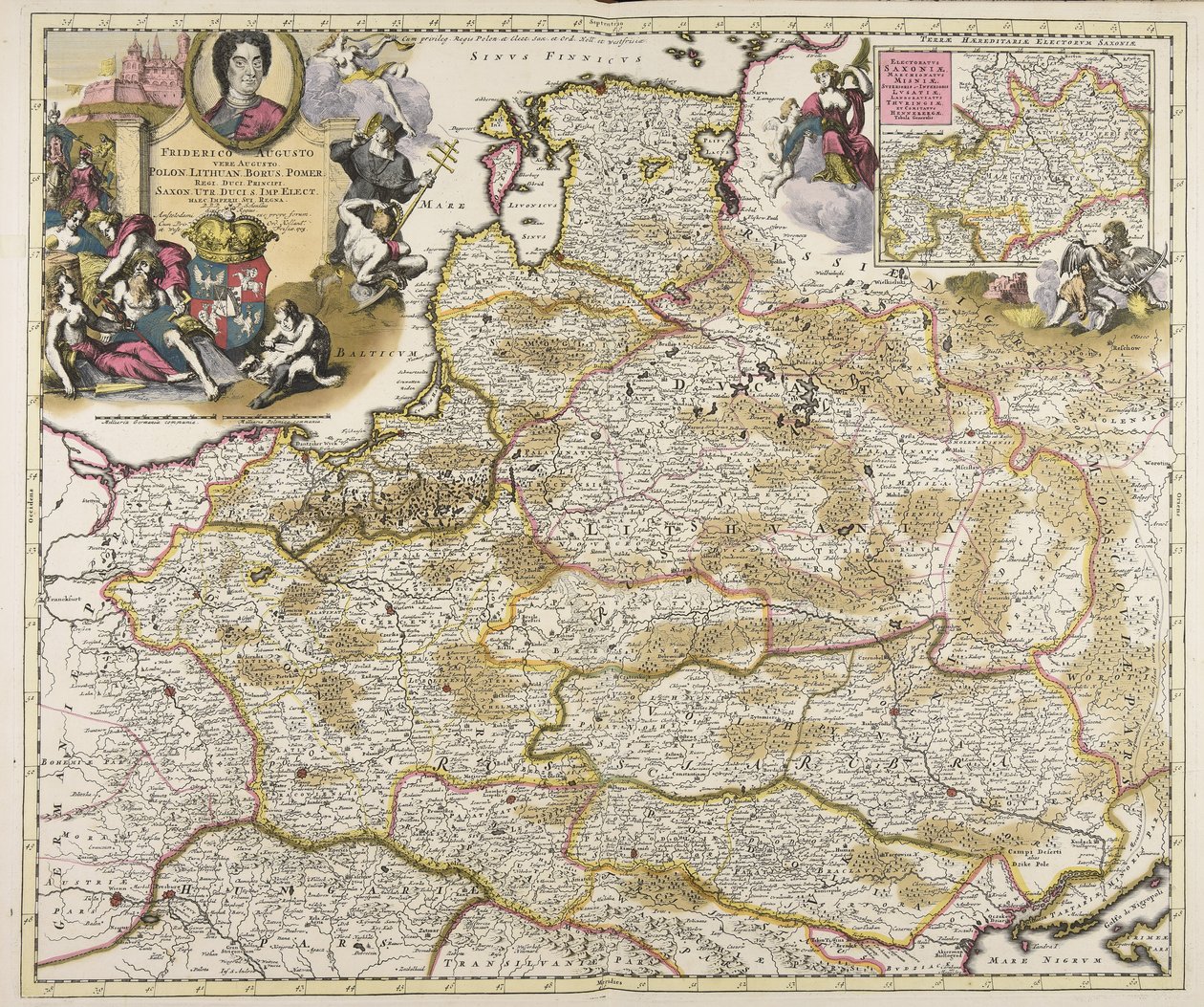 Frideric Augustus neef Augustus Polon. Litouws. Borus. Pomer. koningen hertogen prinsen Saksen. Utr. hertogen S. Imp. elect. haec imperii sui regna D.D.D. P. Schenkius sculpt. regius Amstelodami exc. prope forum door Peter Schenk the Elder