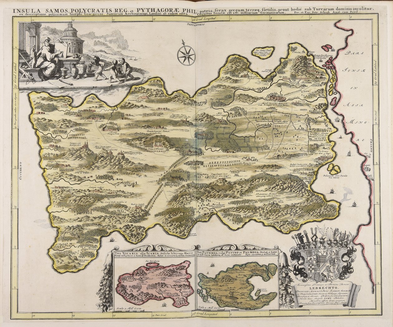 Insula Samos Polycratis reg. et Pythagorae phil. patria ferax gregum terraeq. fictilis, prout hodié sub Turcarum dominio incolitur, ex descriptione potissimum Iosephi Georgirene, Samiorum archiepiscopi, Londini ab eodem editá ... / fec. et exc. Petr. Schen door Peter Schenk the Elder